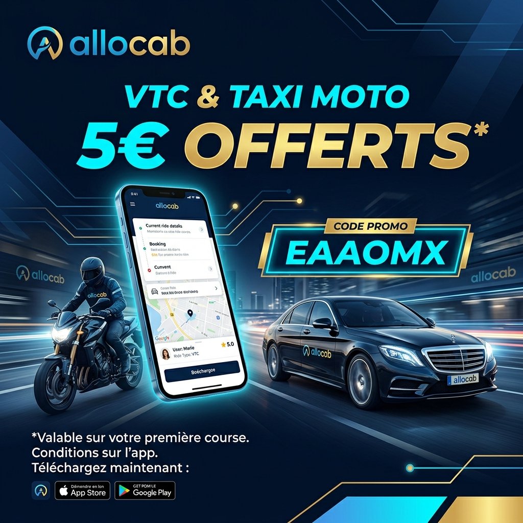 Allocab code promo EAAOMX pour débloquer 5€ offerts sur votre première course en VTC ou moto-taxi