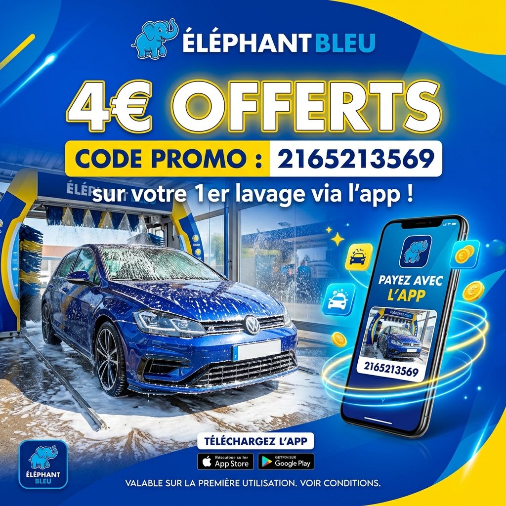 ElephantBleu code parrainage 2165213569 pour débloquer 4€ offerts sur votre lavage auto en station