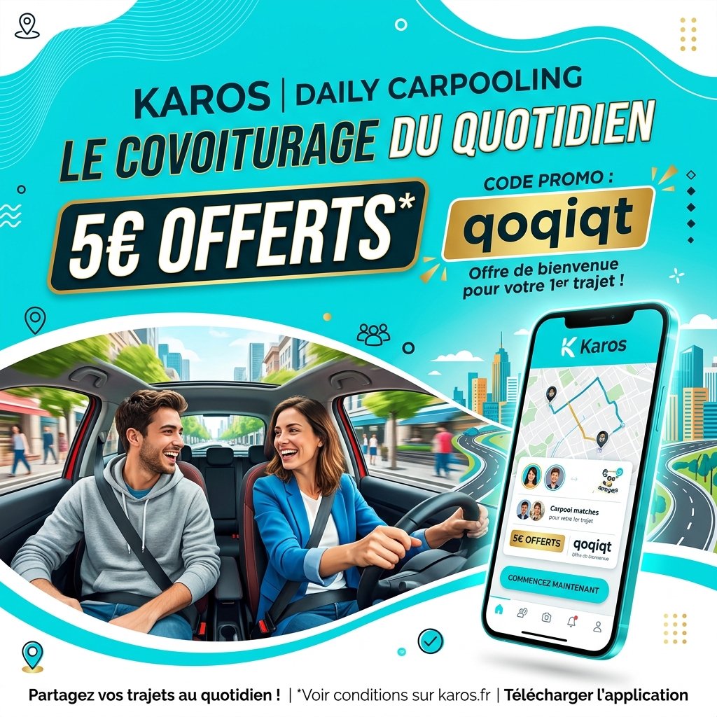 Code promo Karos qoqiqt pour obtenir 5€ offerts sur votre premier trajet en covoiturage quotidien