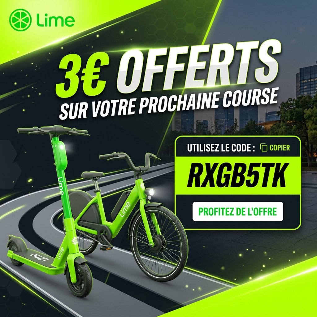 Lime code parrainage RXGB5TK pour obtenir 3€ de crédit offert sur vos trajets en trottinette et vélo électrique