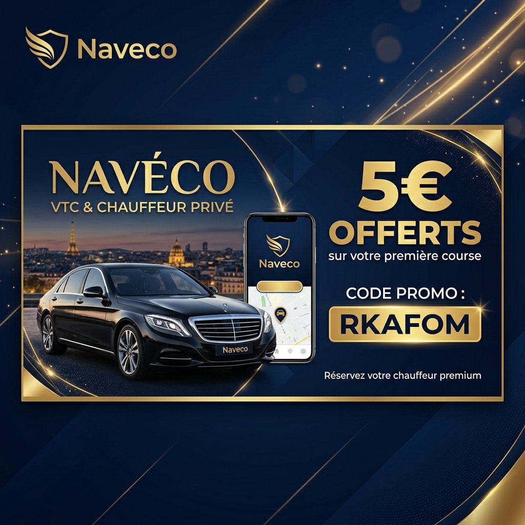 Naveco code parrainage RKAFOM pour débloquer 5€ de réduction offerts sur votre première course VTC avec chauffeur privé