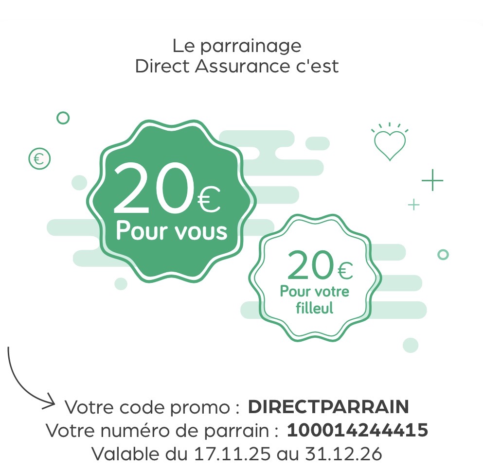 Utilisez le Direct Assurance code parrainage et obtenez 20€ remboursés sur votre assurance auto ou habitation. Code DIRECTPARRAIN valable maintenant.