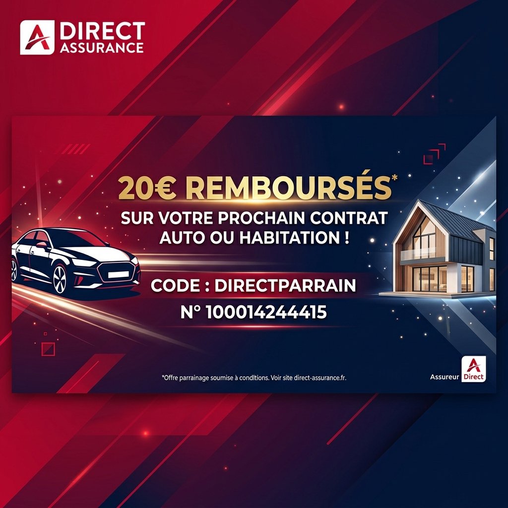 Direct Assurance code parrainage DIRECTPARRAIN N° 100014244415 pour obtenir 20€ remboursés sur votre contrat auto ou habitation