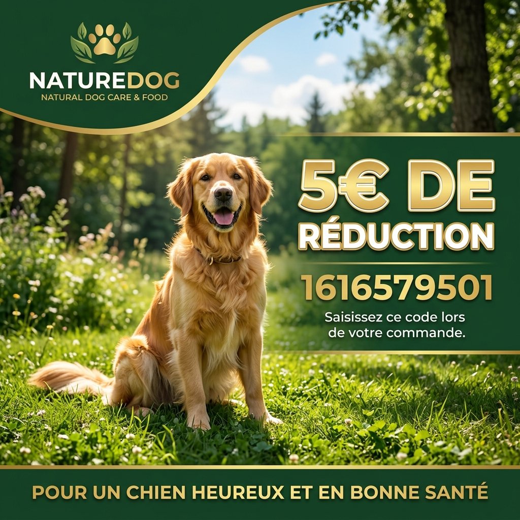 NatureDog code parrainage 1616579501 pour obtenir 5€ de remise sur les croquettes et soins pour chien