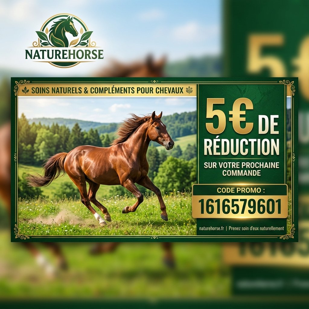 NatureHorse code parrainage 1616579601 pour économiser 5€ sur les compléments et soins naturels pour chevaux