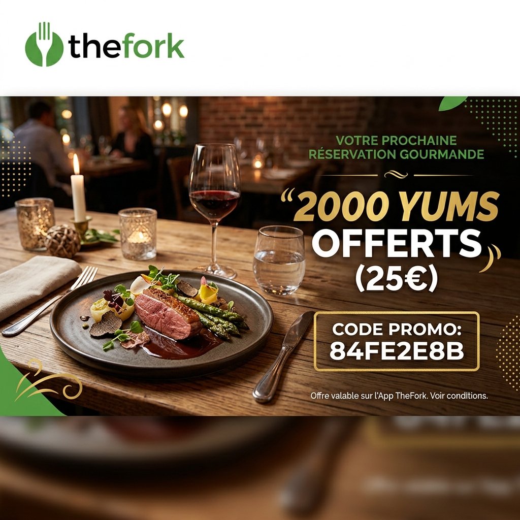 TheFork code parrainage 84FE2E8B pour obtenir 2000 Yums gratuits de réduction sur vos repas