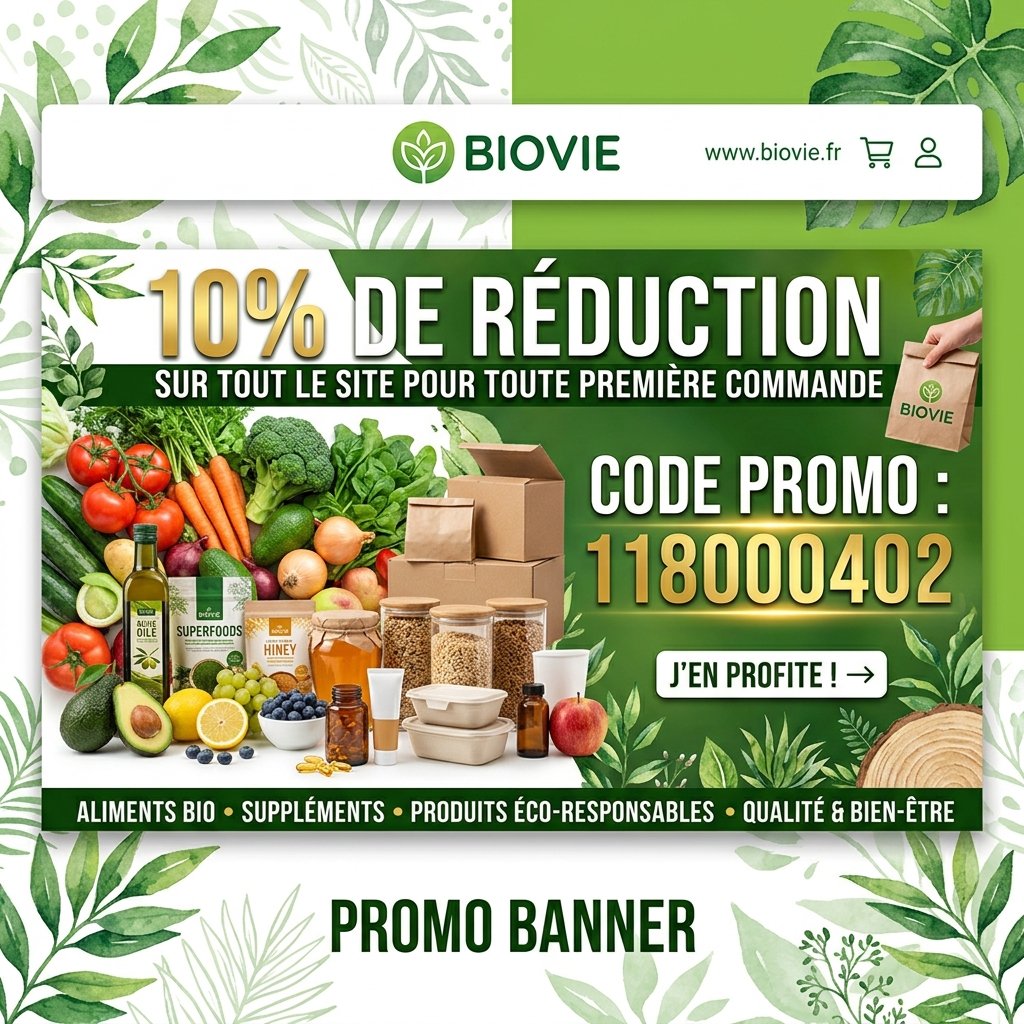 Biovie code promo 118000402 pour débloquer 10% de réduction sur votre première commande de produits biologiques et compléments alimentaires
