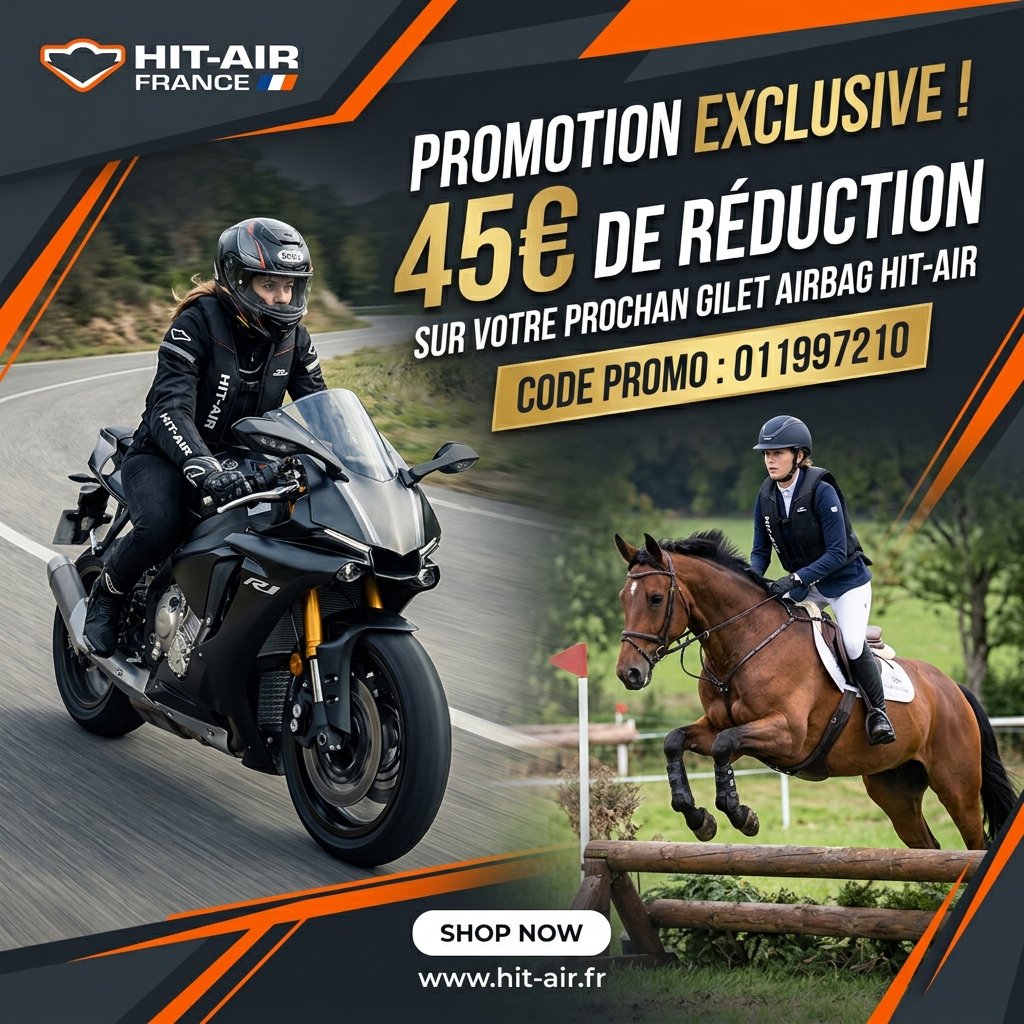 Hit-Air code promo 011997210 pour obtenir 45€ de réduction sur les gilets airbag de sécurité moto et équitation