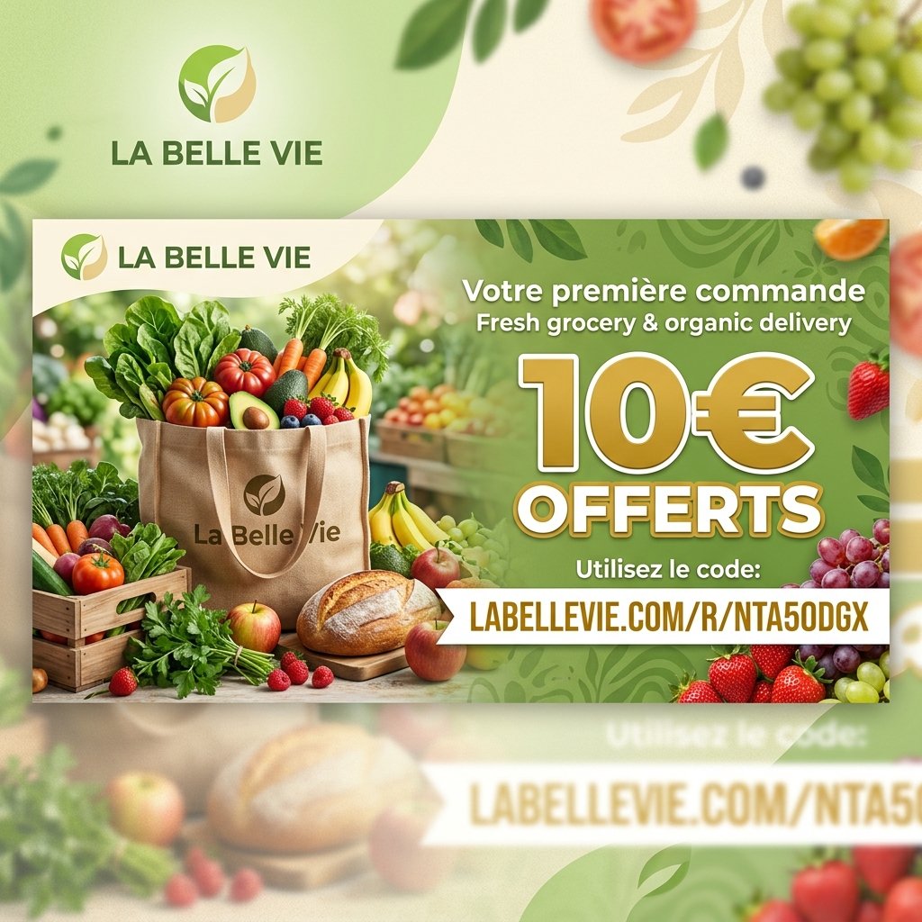 LABELLEVIE code promo NTA5ODgx pour débloquer 10€ de crédit offerts sur votre première commande de supermarché en ligne bio et frais