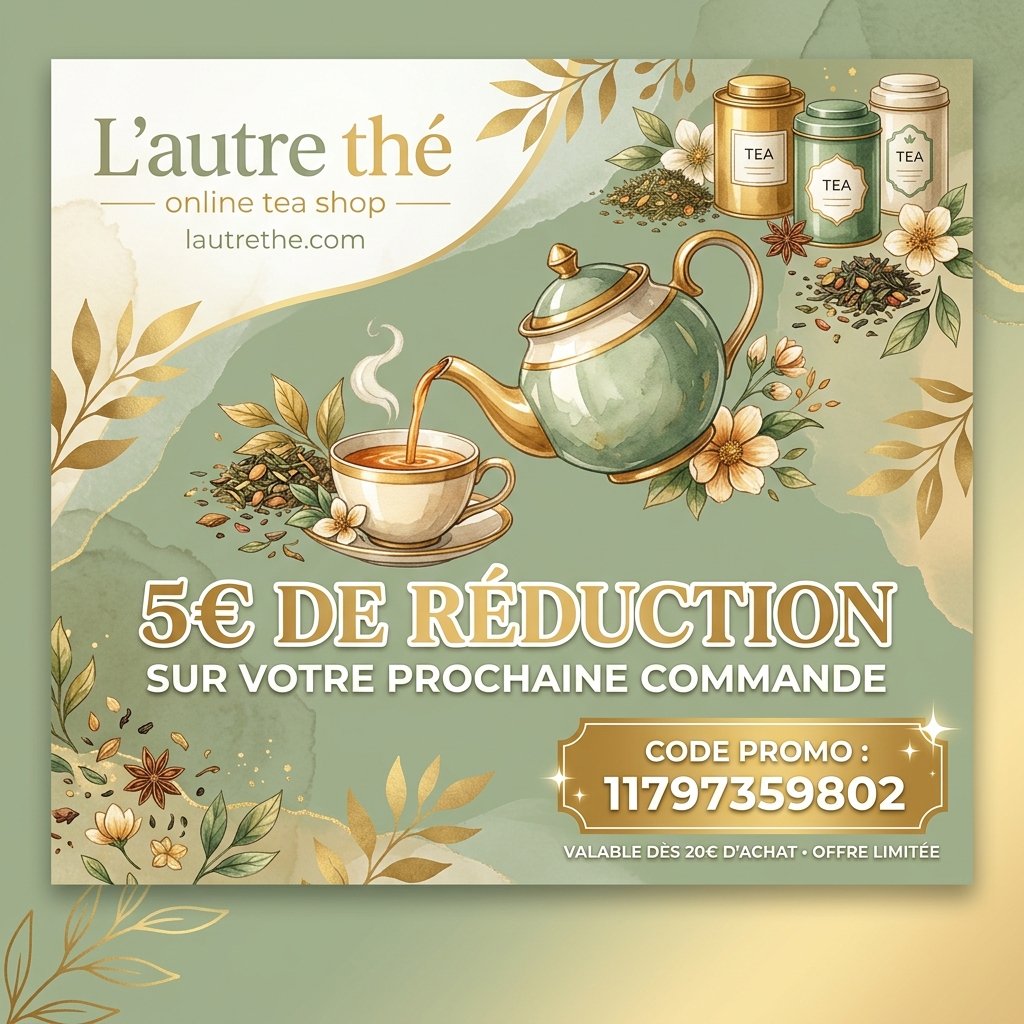 L'autre thé code promo 11797359802 pour obtenir 5€ de réduction sur votre première commande de thés bio, infusions et accessoires