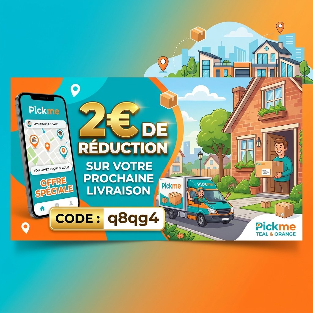 Pickme code parrainage q8qg4 pour débloquer 2€ de réduction sur votre livraison de colis entre voisins de quartier