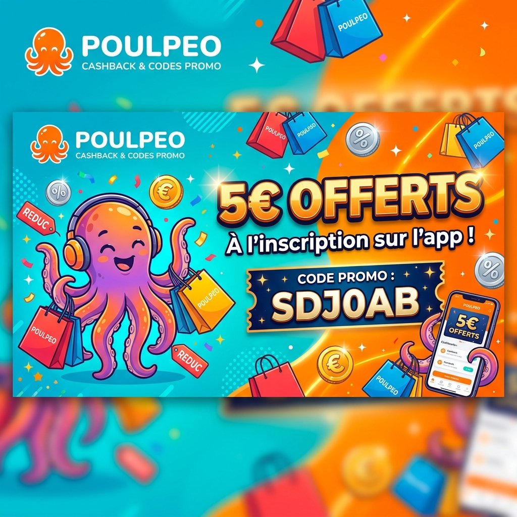 Poulpeo code parrainage sdj0ab pour obtenir 5€ offerts à l'inscription et débloquer du cashback sur vos achats en ligne