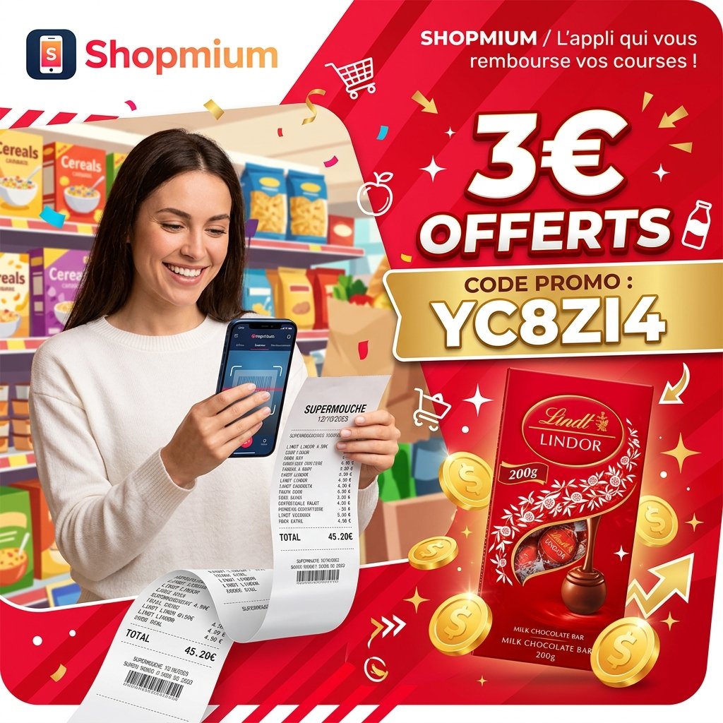 Shopmium code parrainage YC8ZI4 pour débloquer 3€ de bonus et une tablette de chocolat Lindt 100% remboursée sur vos courses en supermarché