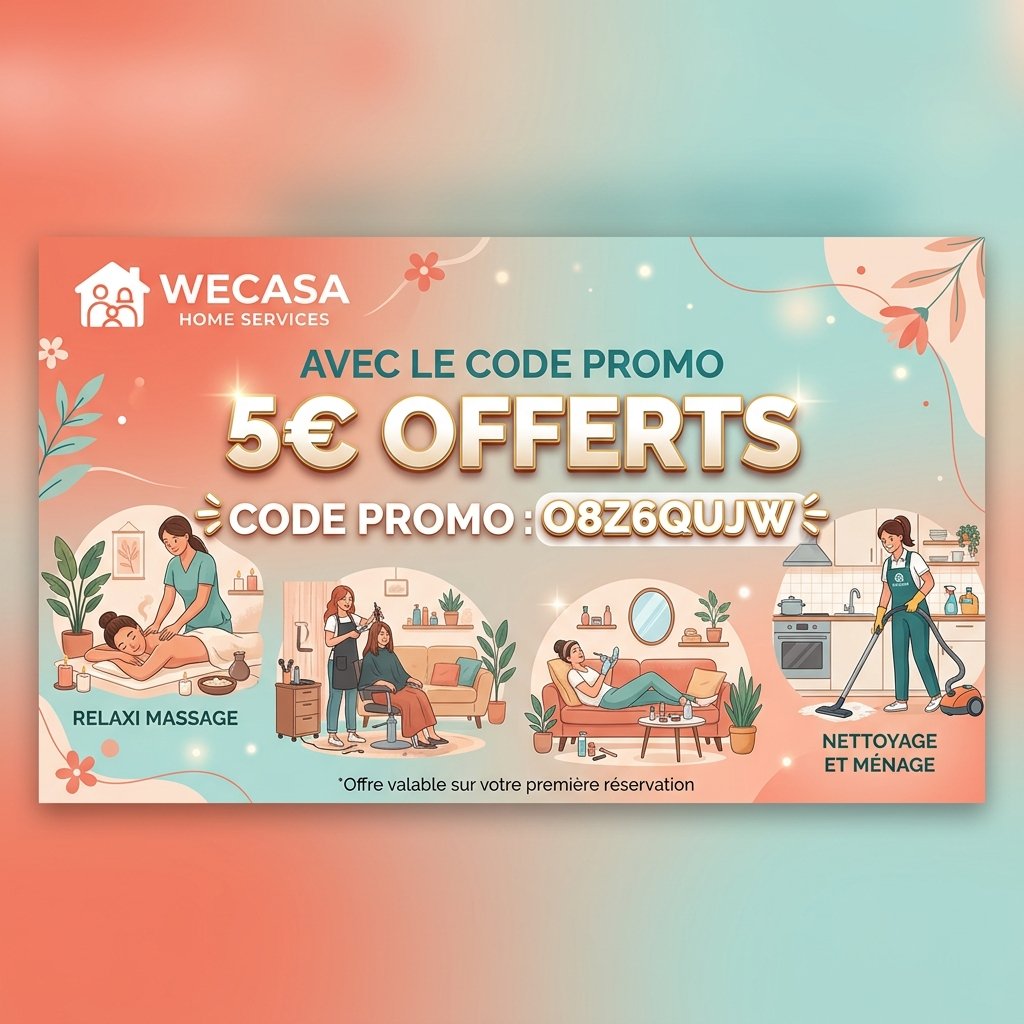Wecasa code promo O8Z6QUJW pour débloquer 5€ de réduction sur votre première réservation de ménage, coiffure, beauté ou massage à domicile