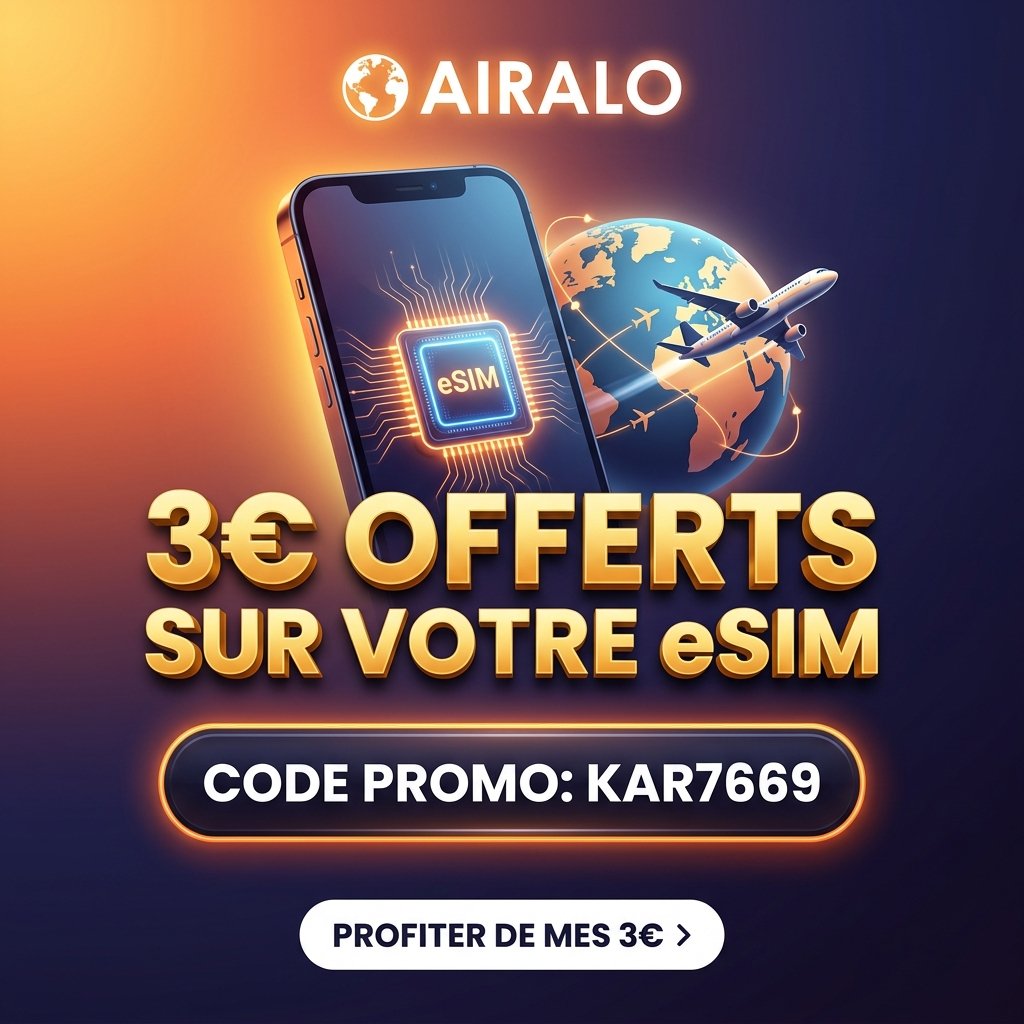 Offre airalo code promo parrainage KAR7669 offrant 3€ de réduction sur la première eSIM voyage