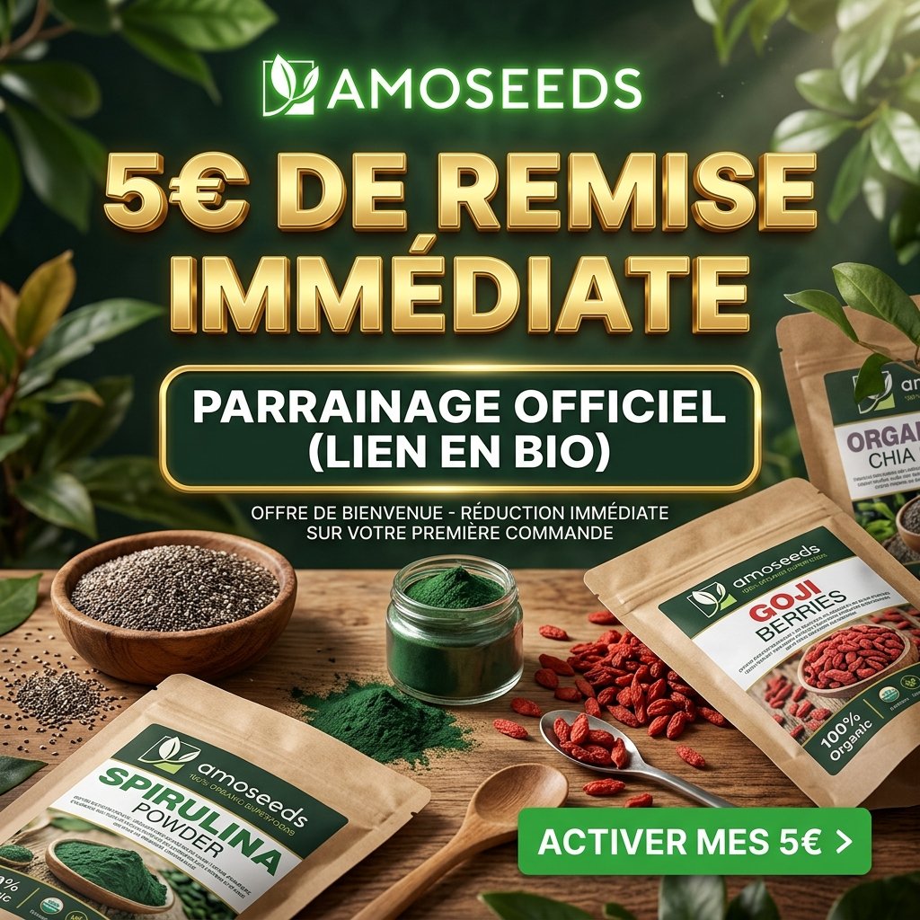 Offre amoseeds code promo parrainage offrant 5€ de réduction sur les superaliments et graines bio