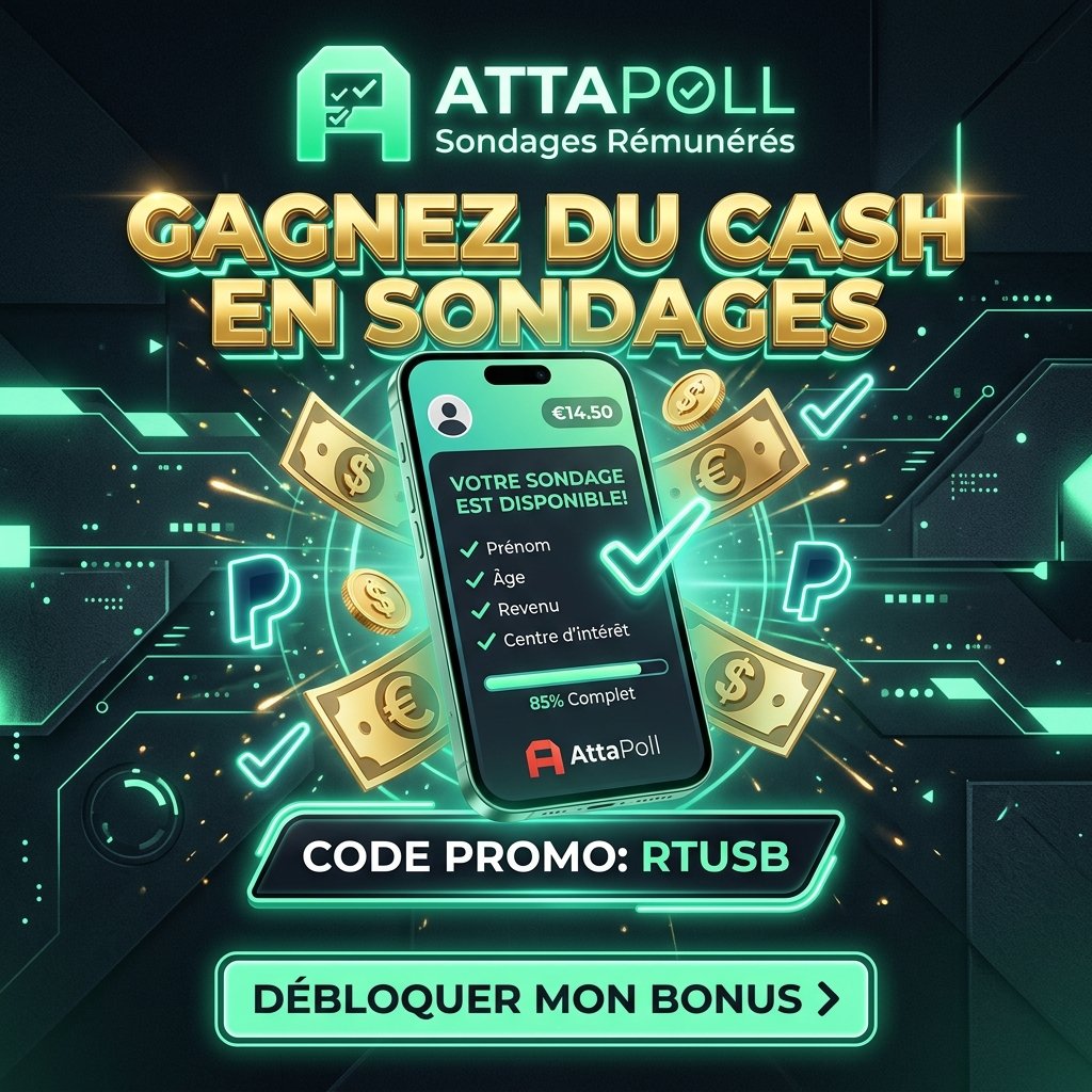 Offre attapoll code promo parrainage rtusb offrant un bonus de départ cash sur les sondages rémunérés