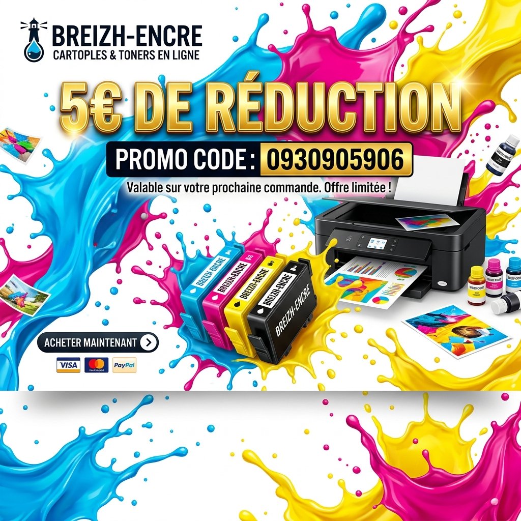 Breizh-Encre code promo 0930905906 pour débloquer 5€ de réduction sur vos cartouches d'encre et toners d'imprimante HP, Epson, Canon, Brother