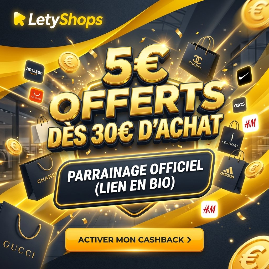 Offre letyshops code promo parrainage 46206744 offrant 5€ de bonus cashback dès 30€ d'achat