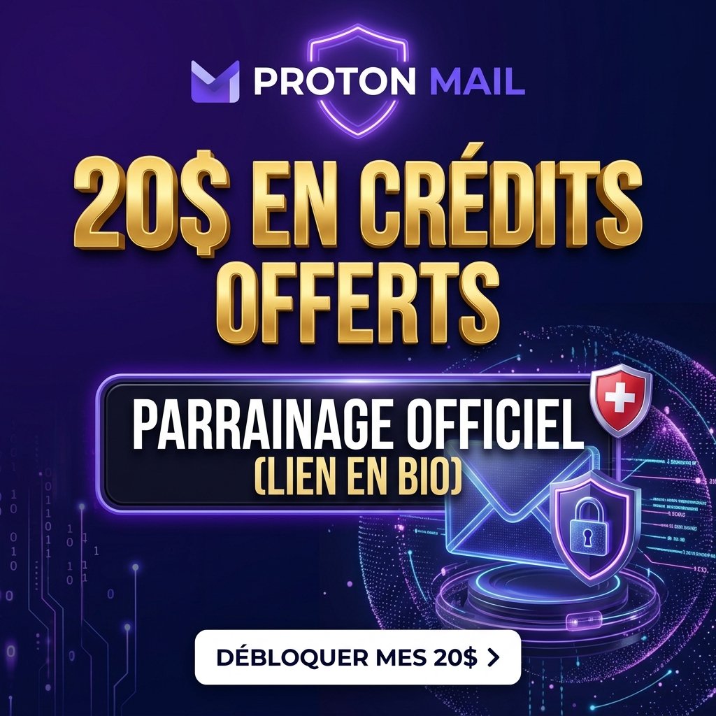 Offre protonmail code promo parrainage RPGNBCJ0 offrant 20$ en crédits sur l'abonnement email chiffré