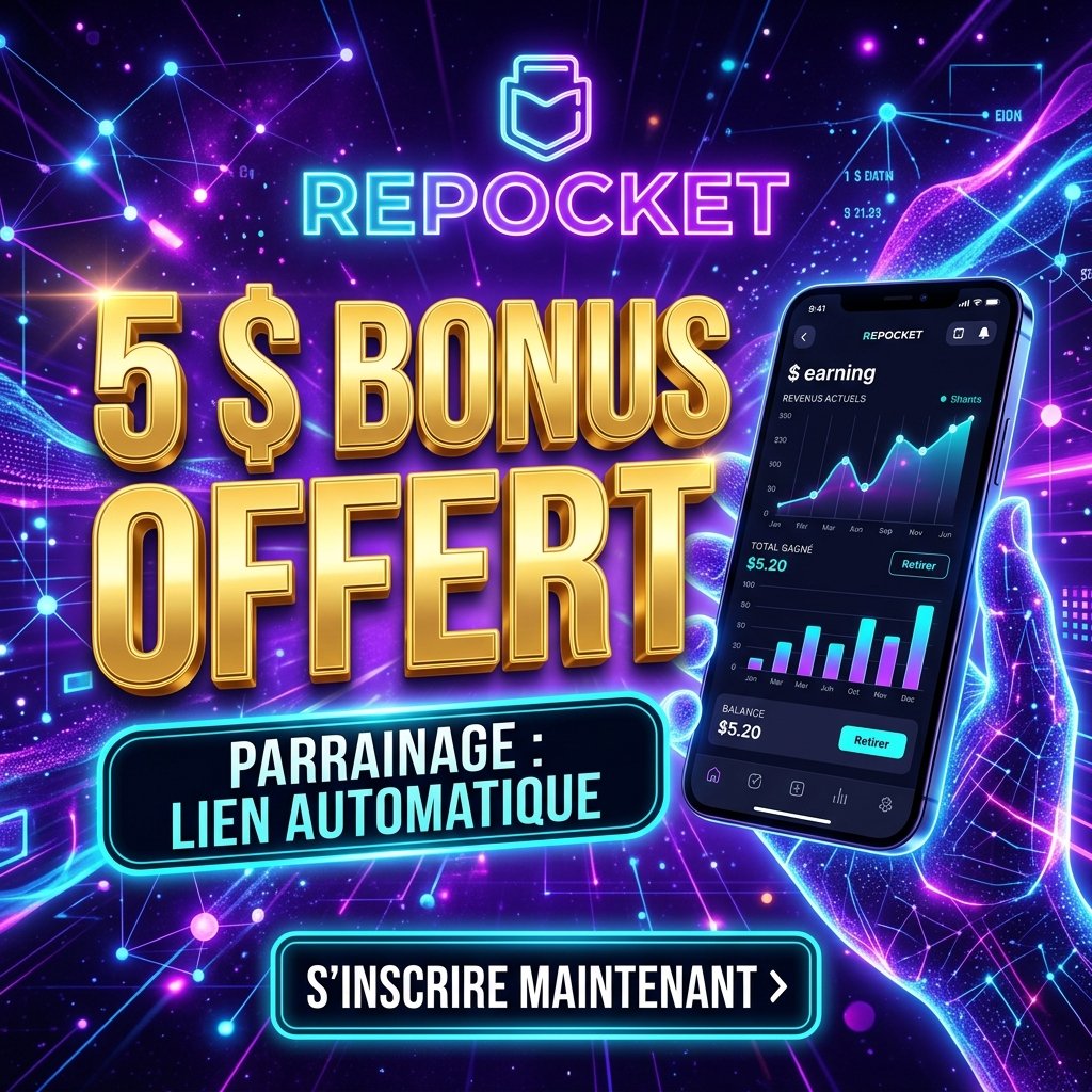 Repocket code parrainage offrant 5$ de bonus de bienvenue pour gagner de l'argent passivement