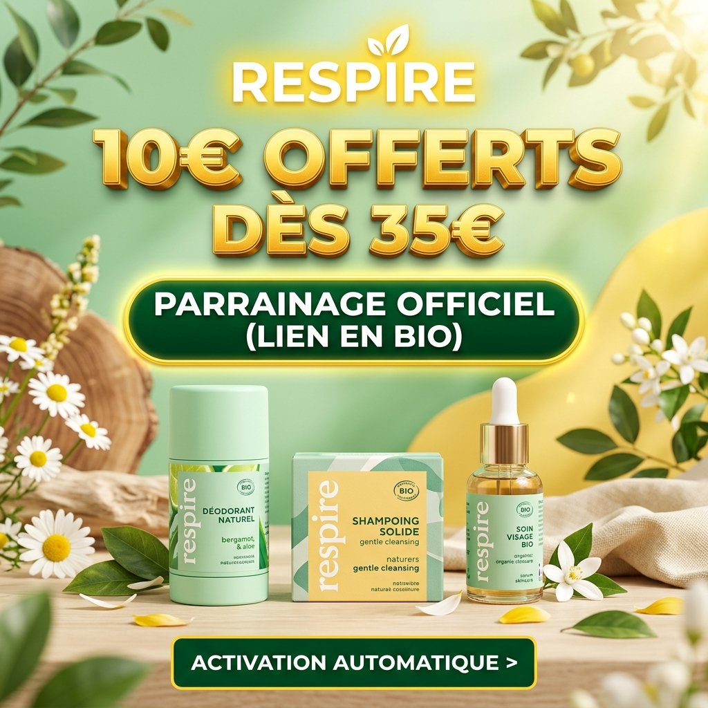 Offre respire code promo parrainage offrant 10€ de réduction dès 35€ d'achat sur les soins naturels
