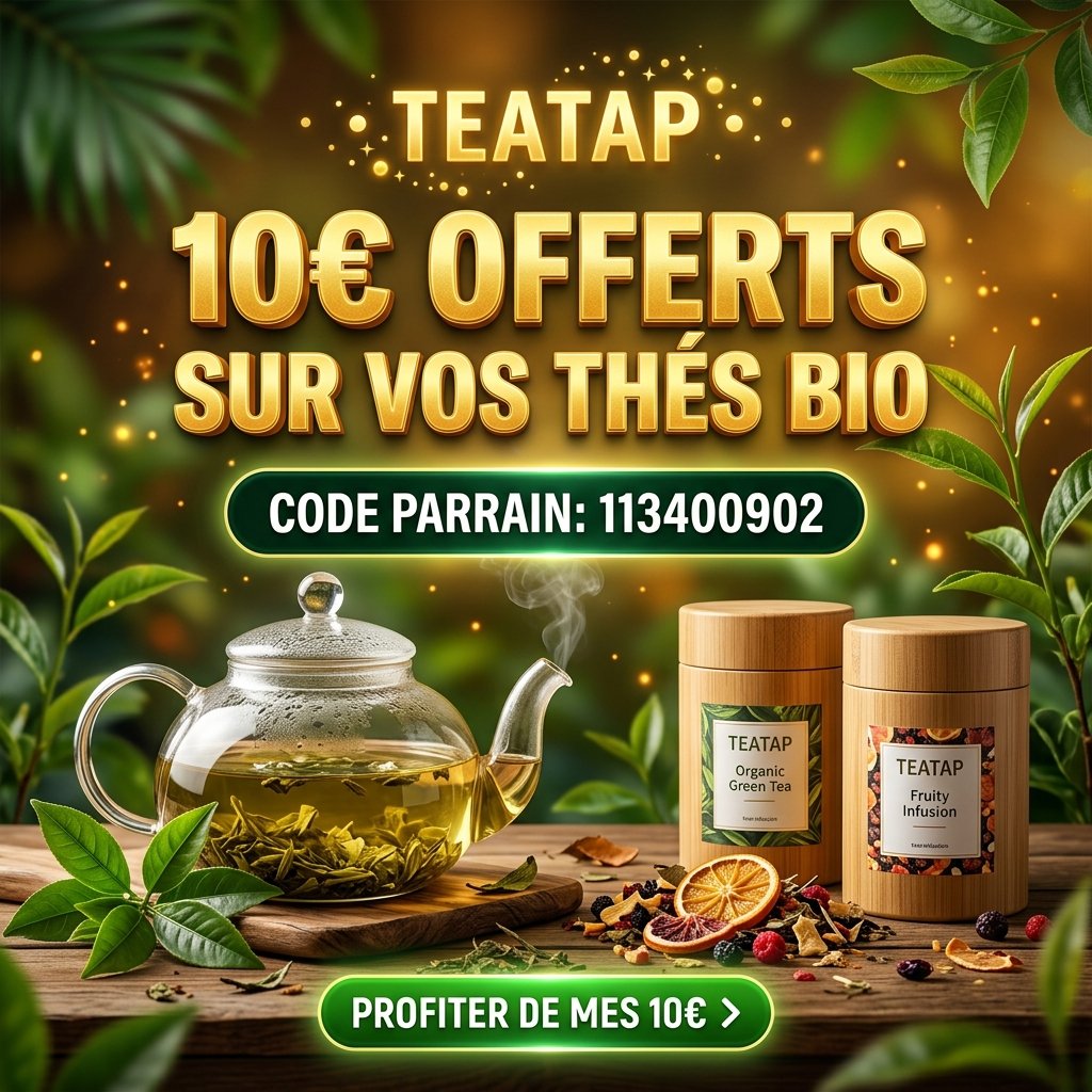 Offre teatap code promo parrainage 113400902 offrant 10€ de réduction sur les thés bio et infusions artisanales