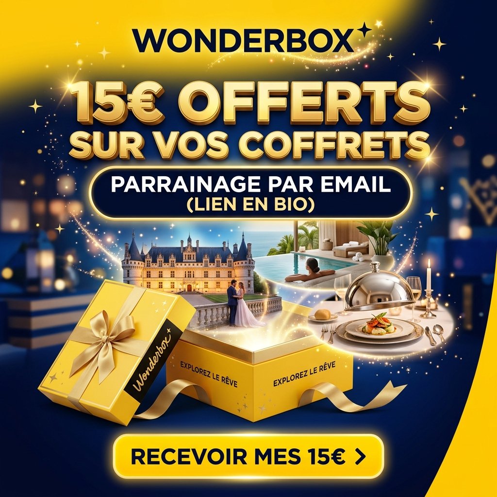 Offre wonderbox code promo parrainage offrant 15€ de réduction sur les coffrets cadeaux d'expériences